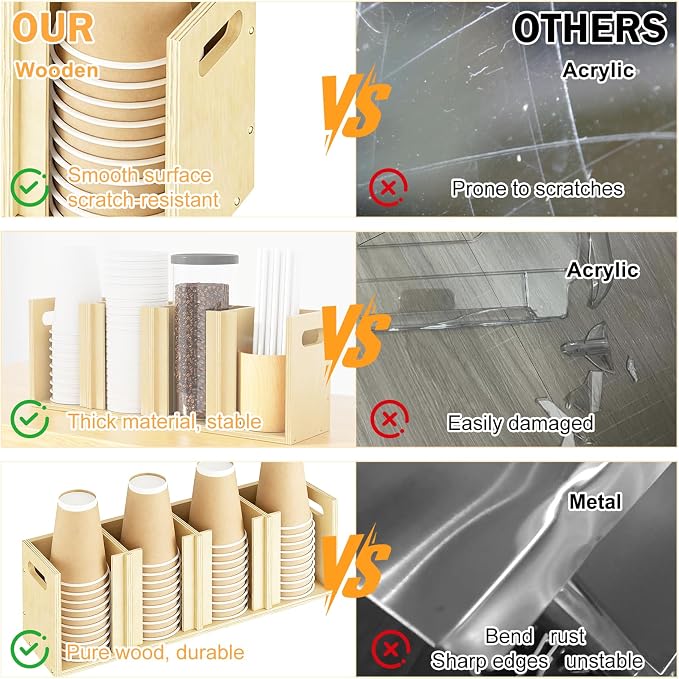 Wood Cup Lid Organizer 4 Compartments with Adjustable Dividers for Counter Wall Mount Disposable Cup and Lid Storage Kitchen Restaurants Fast Food Coffee Shop Supplies (20”W x 7”H x 4.7”D) - Image 4