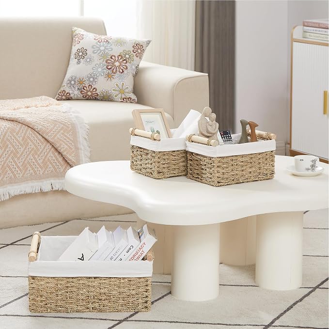 Wicker Storage Basket, 3-Packs Seagrass Storage Baskets for Organizing, Large Cube Storage Organizer Baskets Bins with Handles for Shelves Decor, Small Toilet Paper Storage Basket (Seagrass) - Image 4