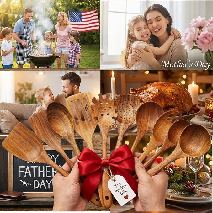 DADU BADU Teak Wooden Utensil Set of 10 – Non-Toxic Cooking Spoons & Spatulas for Nonstick Pans – Includes Pasta Spoon, Ladle, Skimmer – Premium Wood Kitchen Gift Set with Holder | Non-Toxic Cooking Spoons & Spatulas, for Nonstick Pans, Includes Pasta ... - Image 9