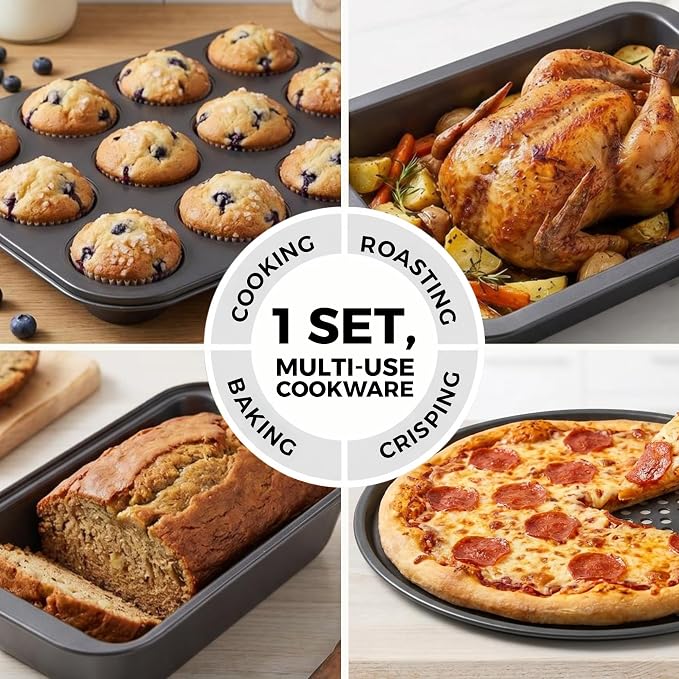 Non-Stick 8-Piece Bakeware Set – Carbon Steel with Even Heat Distribution, Oven Safe to 446°F, BPA-Free, Dishwasher Safe, Stackable Baking Tools for Easy Storage and Everyday Cooking - Gray - Image 5