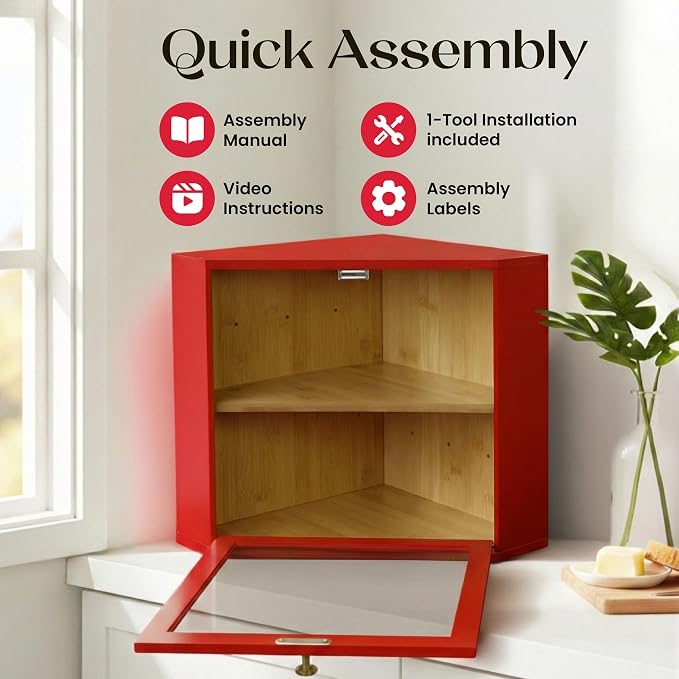 2 Tier Corner Bread Box for Kitchen Countertop, Red | Space-saving, food-safe bamboo corner countertop cabinet featuring a modern brass knob & controlled airflow. - Image 6