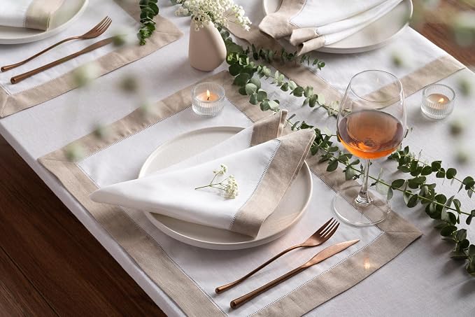 Linen Placemats Set of 4-100% Flax Linen White and Natural Placemats 14 x 19 inch - Classic Hemstitch Placemats Washable for Fall, Thanksgiving, Christmas and Winter Decor - Image 3