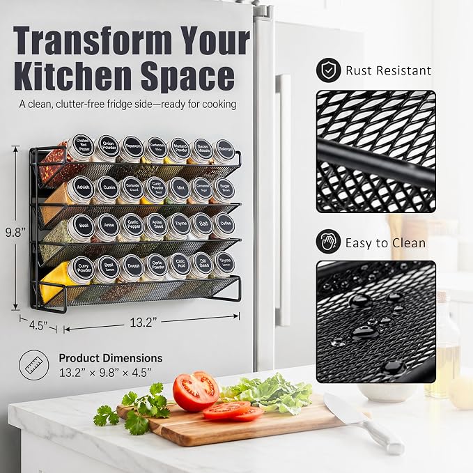 Magnetic Spice Rack Organizer for Refrigerator with 28 Spice Jars, 386 Spice Labels, 4 Hook, Chalk Marker and Funnel Set, Magnetic Shelf for Seasoning Organizer, 13.2'' W x 9.8 H, Black - Image 4