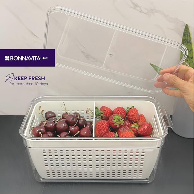 Clear Stackable Storage Containers with Lids BPA-Free Organizer Bins for Refrigerator Pantry Fridge Drawer with Colander and Dividers for Kitchen Food Preservation and Home Organization BPA Free - Image 3