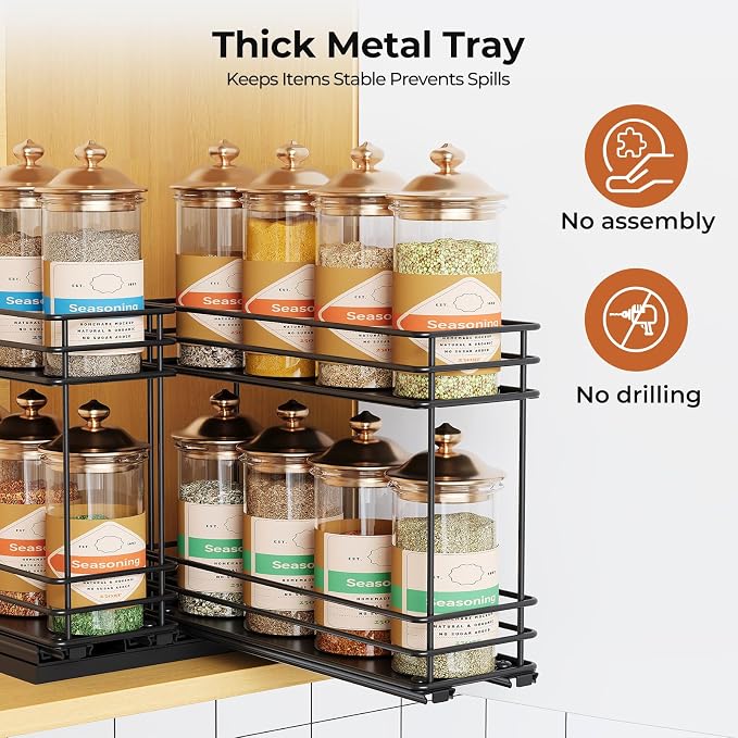 Mystozer Pull Out Spice Rack Organizer for Cabinet, Slide Out Spice Racks, Easy to Install, 7.08" Wx10.43 Dx8.26 H, 2 Drawers 2 Tiers(Black) - Image 6