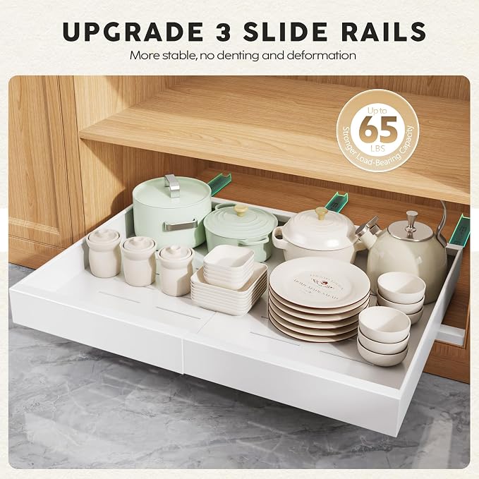 Seinloes 4 Pack Pull Out Cabinet Organizers 21" Deep With Raising Pad for Framed Cabinets, Expandable Width (15.2"-26.3") Slide Out Drawers Upgrade 3 Slide Rails, Roll Out Shelves Adhesive, White - Image 6
