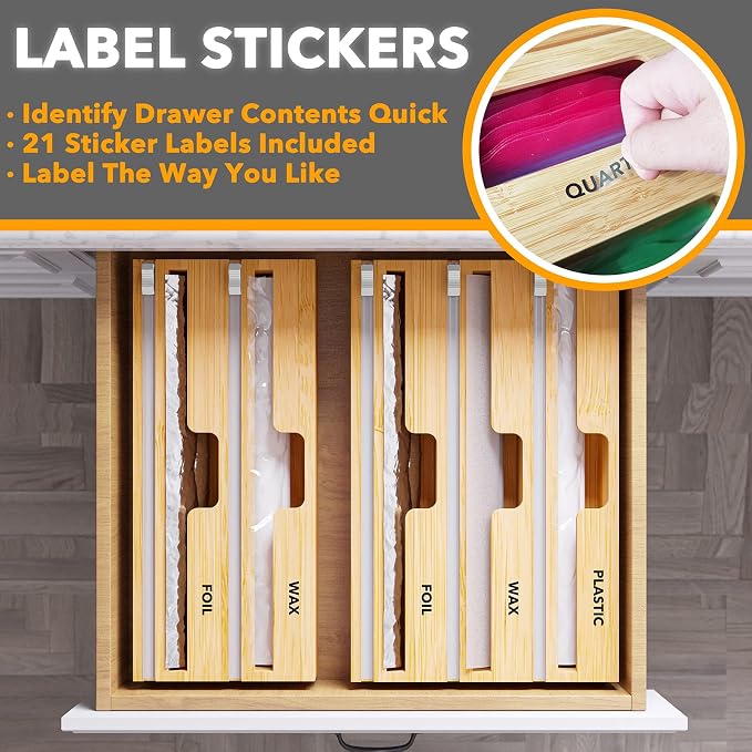 SpaceAid WrapNeat 2 in 1 Wrap Organizer with Cutter and Labels, Plastic Wrap, Aluminum Foil and Wax Bamboo Dispenser for Kitchen Storage Organization Holder for 12" Roll (Natural, 2-Slot) - Image 4