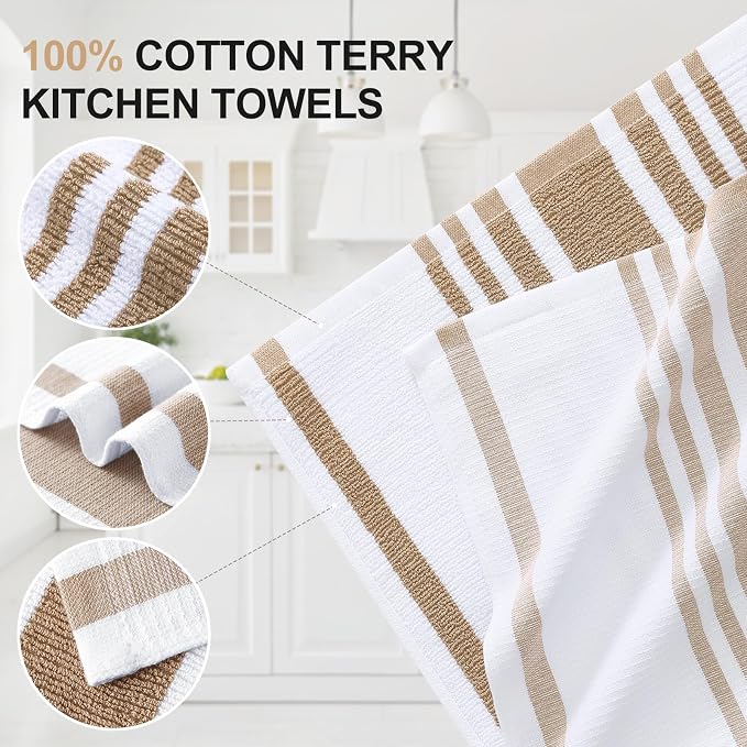 Homaxy Premium Cotton Stripe Kitchen Towels 3 Pack, 18"x 28", Khaki | Large 380 GSM Kitchen Hand Towels, Soft Terry Dish Towels, Highly Absorbent Tea Towel Set with Hanging Loop - Image 2