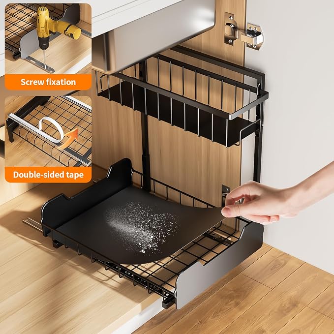 Under Sink Organizer, 2-Tier L-Shaped Pull Out Cabinet Shelf with 2 Installation Methods, Adjustable Sliding Storage Drawer for Kitchen, Bathroom, Laundry, Metal, Black - Image 3