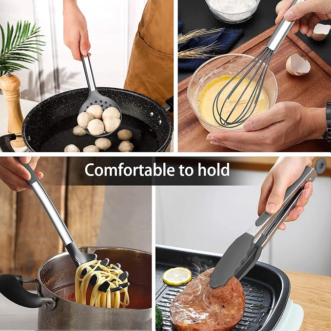 LIANYU 15-Piece Cooking Kitchen Utensils Set with Holder | Silicone Kitchen Tools Stainless Steel Handle, Slotted Spatula Spoon Turner Tong Whisk Brush for Cooking, Gray - Image 6
