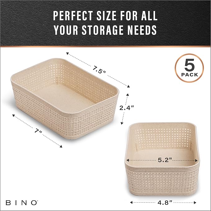 BINO | Woven Plastic Basket | XS (Natural), 5-Pack | THE JUTE COLLECTION | Home Organization, Space - Saving Storage, Stylish Design | Jute Basket | Plastic Storage Basket - Image 3