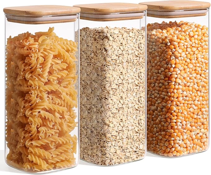 ComSaf Glass Storage Containers wtih Lids 1.9 Qt, Set of 3 Food Storage Jar | Pantry Storage Containers, Glass Jar, Square Canisters, Bamboo Lid with Silicone Seal, Cookie, Cereal, Coffee, 61oz, BPA Free - Image 9