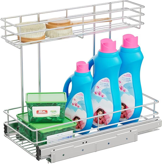 Under Sink Organizer 9" W X19 D, Pull Out Cabinet Organizer 2 Tier | Chrome Plated, Full Slide Out, Under Kitchen Bathroom Sink Organizer, Pantry Cabinet Closet Organization Rack, 1 Pack by STORKING