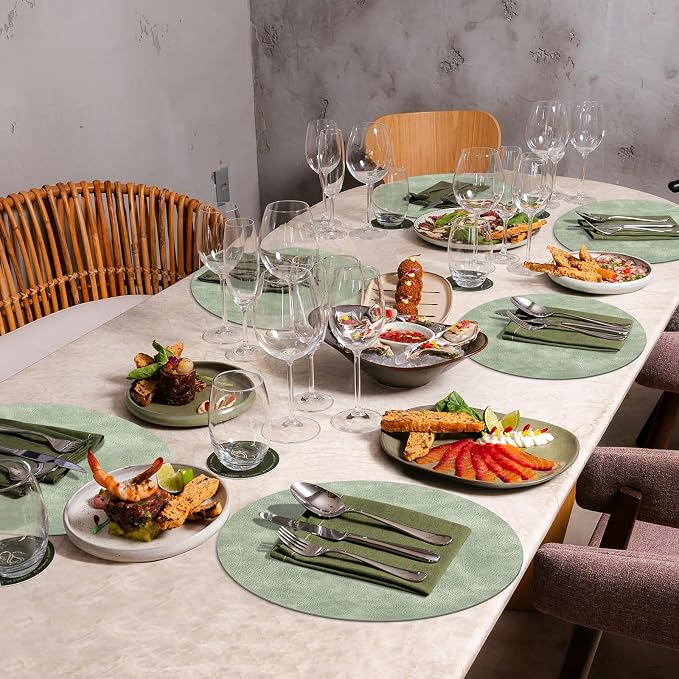 ADRIMER Placemats, Heat Resistant Round Placemats Set of 12 Washable, Waterproof Table Mats, Wipeable Faux Leather Place Mats for Kitchen, Dining Room, Green - Image 6