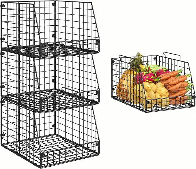 Jakyitvi 3 Pack XXL Stackable Wire Baskets, Large Storage Bins for Onion, Potato, Vegetable, Fruit, Snack, Pantry Baskets for Kitchen Cabinet Countertop, Pantry Organizers and Storage Solutions by Jakyitvi