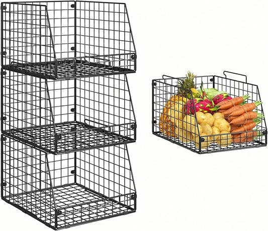 Jakyitvi 3 Pack XXL Stackable Wire Baskets, Large Storage Bins for Onion, Potato, Vegetable, Fruit, Snack, Pantry Baskets for Kitchen Cabinet Countertop, Pantry Organizers and Storage Solutions by Jakyitvi