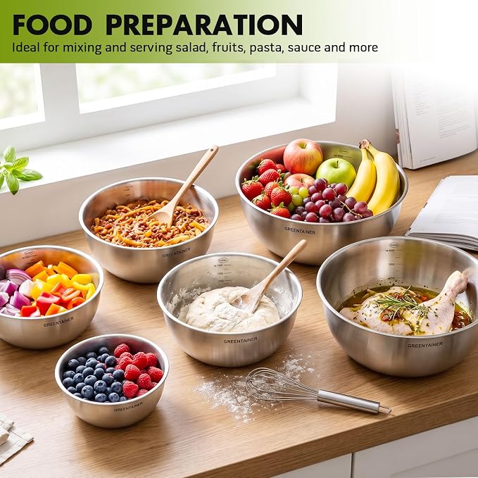 Greentainer Stainless Steel Mixing Bowls Set of 6, Nesting Bowls with Measurement Markings, 7.6 to 0.8 Qt for Baking, Prepping, Cooking and Serving Food, Large Metal Kitchen Bowls Dishwasher Safe - Image 5