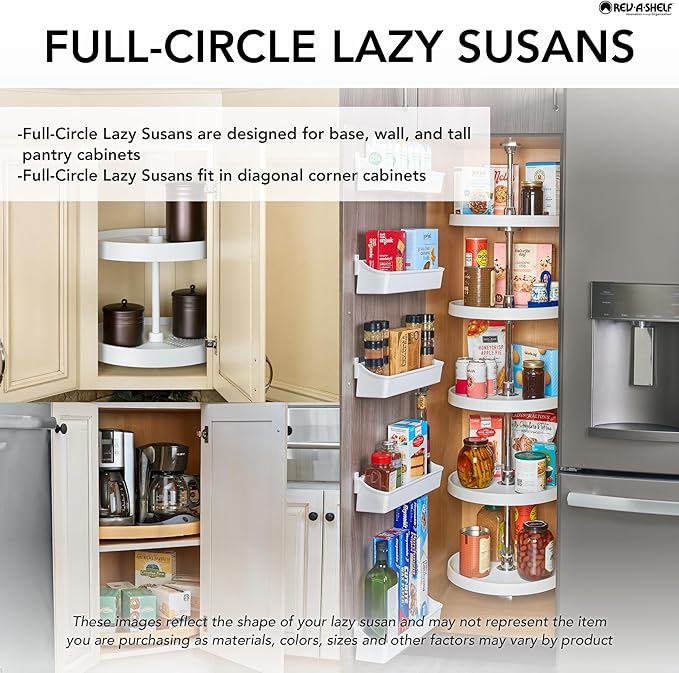 Rev-A-Shelf 20" Dual Full Circle Lazy Susan Organizer for Upper Corner Kitchen Cabinets, Plastic Home Storage 2 Tier Shelves, White, 6012-20-11-52 - Image 3
