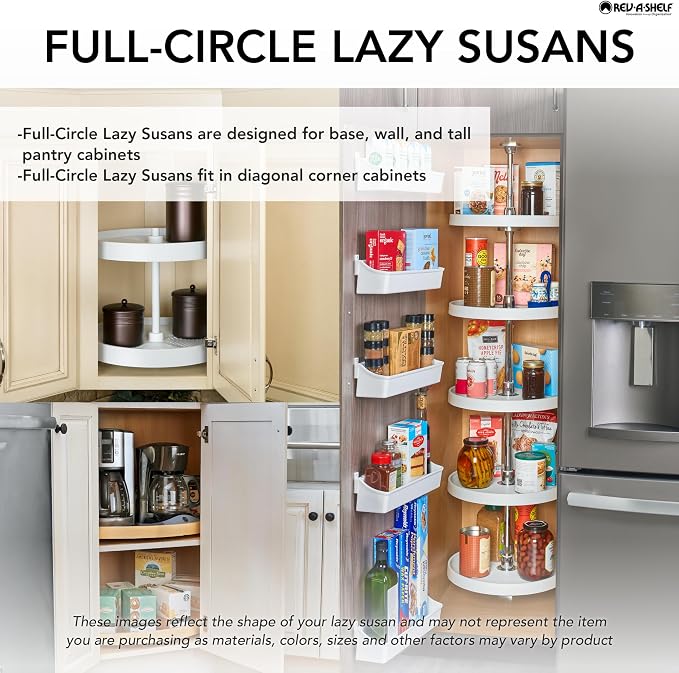 Rev-A-Shelf 18 Inch Dual Full-Circle Lazy Susan Organizer for Upper Corner Kitchen Cabinets, Plastic Home Storage 2 Tier Shelves, White, 6012-18-11-52 - Image 3