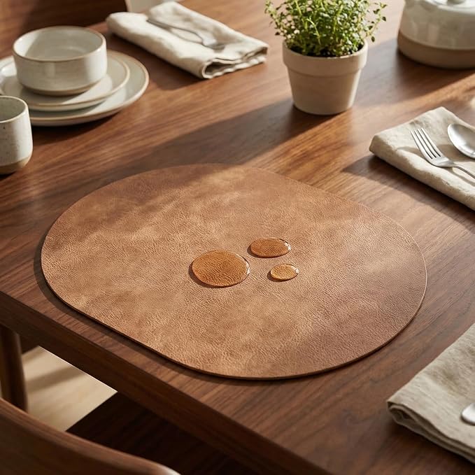 Oval Placemats 2mm Ultra Thick Faux Leather Table Mats, Heat Resistant Waterproof Wipeable Dining Mats for Kitchen Table, Set of 4, Light Brown - Image 7