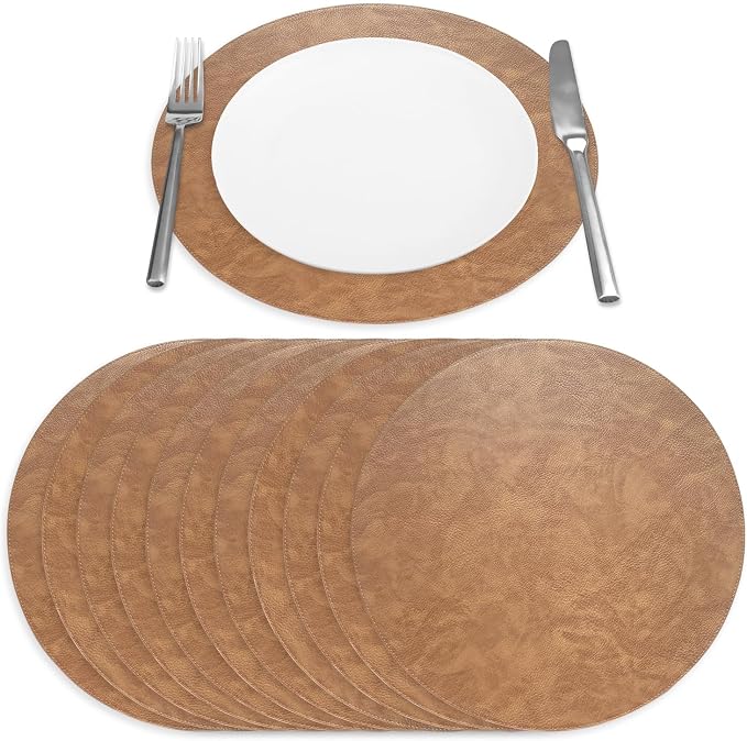 Morgan Faux Leather Round Set of 12 Placemats, 15", Camel, Heat Resistant, Stain Resistant, Non-Slip, Reversible, Durable Table Mats for Kitchen, Dining Table, Indoor Washable Use - Image 5