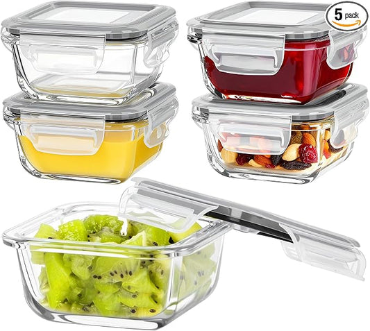 Vtopmart 5Pack 5oz Small Glass Storage Containers Set With Lids, Grey | Glass Meal Prep Food and Sauce Container Sets with Snap Airtight Lid for Microwave, Oven, Freezer and Dishwasher, BPA Free by Vtopmart