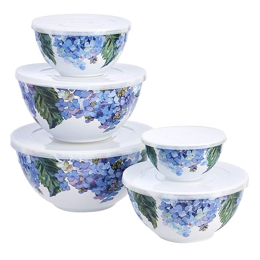 Amazon Basics Mixing Bowls with Lids, Nesting Melamine Serving Bowls, Non-Slip Base, BPA Free, Dishwasher Safe, 5 Sizes, Hydrangea Floral, Set of 10 by AmazonBasics
