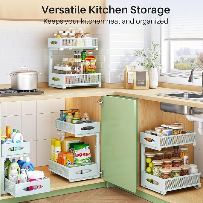Under Sink Organizer, 2 Tier Pull out Cabinet Organizer Baskets with Mesh Sliding Drawers, Slide out Storage Shelf for Home, Kitchen, Bathroom, Pantry, Office Cabinet(1 Pack, Blue) - Image 9