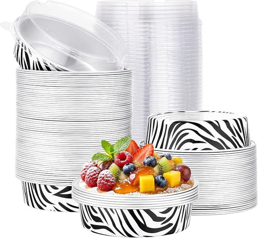 Beasea Disposable Cupcake Pans with Lids, 100 Pack 7.3oz Aluminum Baking Foil Tart Pie Tins, Small Round Tart Containers for Individual Dessert Muffin Cheesecake Quiche Oven Dishes - Zebra Stripes by Beasea