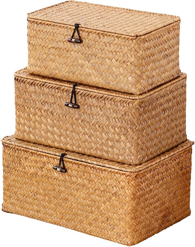 Nonam Storage Basket with Lid, Natural Seagrass Bin with Lid Set of 3, Shelf Baskets Multipurpose Container for Boho Decoration, Rectangular Household Storage Boxes for Home Organization-Natural by Unknown