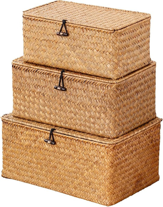 Nonam Storage Basket with Lid, Natural Seagrass Bin with Lid Set of 3, Shelf Baskets Multipurpose Container for Boho Decoration, Rectangular Household Storage Boxes for Home Organization-Natural by Unknown