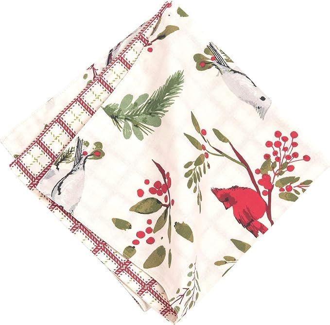 Red Cardinal & Evergreen 100% Cotton Set of 6 Cloth Napkins | Christmas Decor, Gift Idea by CFHome