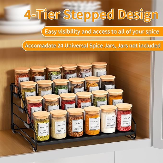 4 Tier Spice Rack Organizer for Cabinet, Depth Adjustable Spice Rack,1 Pack | Black, Metal Spice Organization for Cabinet, Easy Visibility, Tiered Spice Shelf Perfect for Cabinet, Pantry and Countertop - Image 3
