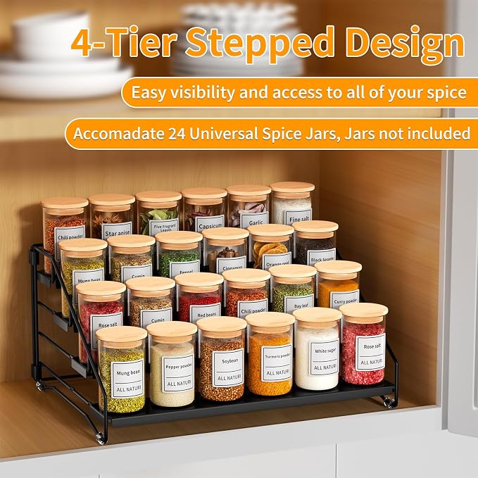2 Pack Spice Rack Organizer for Cabinet, Depth Adjustable 4 Tier Spice Rack | Black, Metal Spice Organization for Cabinet, Easy Visibility, Tiered Spice Rack Perfect for Cabinet, Pantry and Countertop - Image 3
