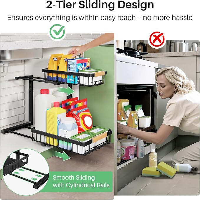 Kitstorack Under Sink Organizer, 2 Tier Under the Sink Storage, Slide out Pull out Cabinet Organizer Shelf, Metal Sliding Drawer for Kitchen Bathroom Pantry Closet Organization Rack, Black, 1 Pack - Image 6
