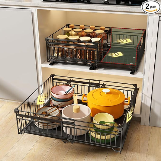 2 Pack Expandable Pull Out Cabinet Organizer, 16.5" Deep | Pull Out Drawers for Cabinets with width from 13" to 20", Cabinet Drawers Slide Out with Upgrade 3 Slide Rails, Hold 65 lbs by NETELOfficial