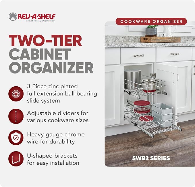 Rev-A-Shelf Pullout Organizer for Cabinets, Min Opening Width of 15" | Two-Tier Steel Shelf for Kitchen or Vanity Cabinet Organization, Heavy Gauge Wire Slide Out Storage Basket, 5WB2-1522CR-1 - Image 6