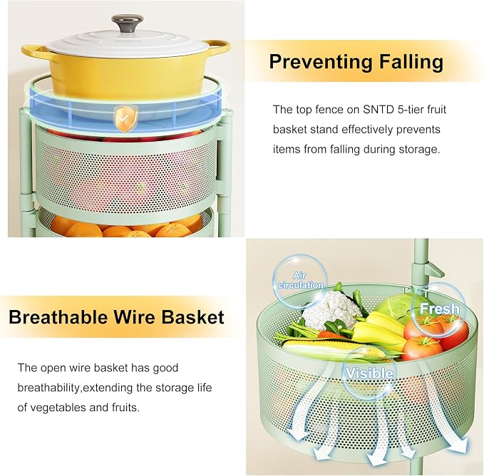 SNTD Fruit and Vegetable Basket Bowls for Kitchen with Metal Top Lid, 5 Tier Rotating Storage Rack Cart for Potato Onion Bread Banana, Wire Basket Organizer on Wheels, Large (Green) - Image 4