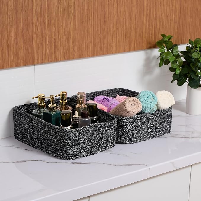 MiniArk Large Shallow Organizing Baskets 15x11x5.1 Inches - Rope Woven Storage Bins for Bathroom, Shelves, Cube Closet, Mixed Black 3 Packs - Image 6