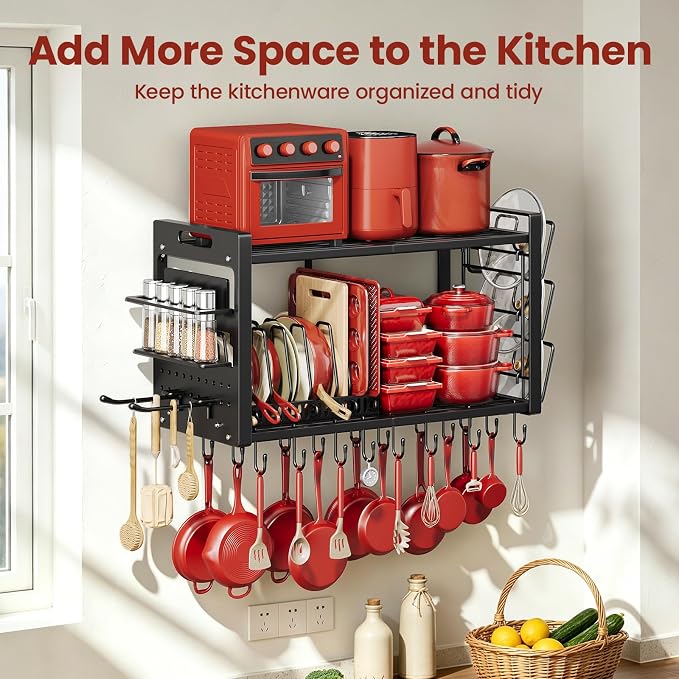 Pot Rack Wall Mount, Hanging Heavy Duty Metal Pan Organizer with 20 Hooks,Pot Shelf with 3 Pot Lid Holder with 8 Adjustable Dividers Loads 100lbs for Kitchen Cookware and Utensil storage - Image 5
