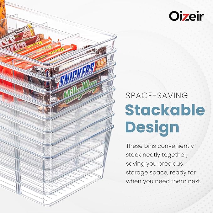 Oizeir Clear Pantry Organizer Bins 8-Pack - Fridge Organizer with 3 Removable Dividers, Ideal for Kitchen, Pantry, Refrigerator, Freezer, and Snack Storage - Image 4