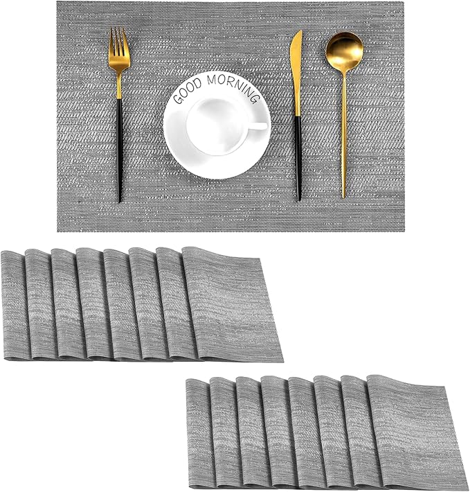 Leetaltree Grey Placemats, Heat Resistant Non-Slip Place mats for Dining Table, Washable Durable PVC Vinyl Woven Table Mats (Set of 16) by Leetaltree-ArtatEveryTable