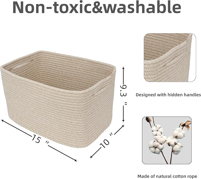 XUANGUO Woven Cotton Rope Storage Baskets 15x10x9.3" 3 Pack Oatmeal | Decorative rectangular storage baskets for shelves and closets; storage bins organize clothes, toys, books and nursery items - Image 3