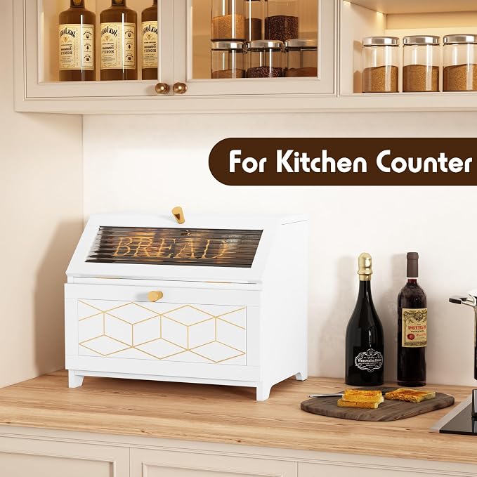 HOLTICO Double Layer Bread Box With Golden Trim for Countertop, Wooden Bread Container for Kitchen Counter, Corner Bread Storage (White) | Wooden Bread Container for Kitchen Counter, Large Capacity Bread Keeper, Farmhouse Food Organizer with Glass Window - Image 2