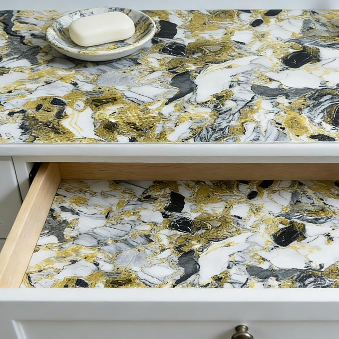 Drawer and Shelf Liner - Yellow Black Marble Pattern Non Adhesive | Non Slip Waterproof Easy-Clean Liner for Kitchen Cabinet, Refrigerator, Bathroom, Pantry Storage Drawers, 12 in x 10 Ft - Image 7