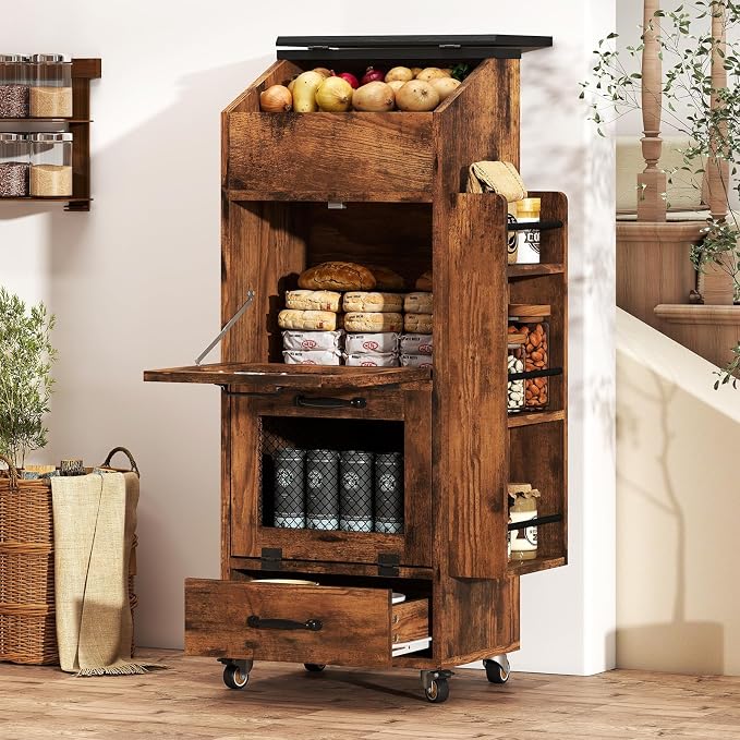 Verano Garden 16.0" Potato and Onion Storage Bin on Wheels, Bread Box | Fruit and Vegetable Organizer, Rolling, Side Rack, Flip-top, Mesh Doors, 4-Tier, Grocery Section, Ventilated, Wood, Kitchen - Image 8