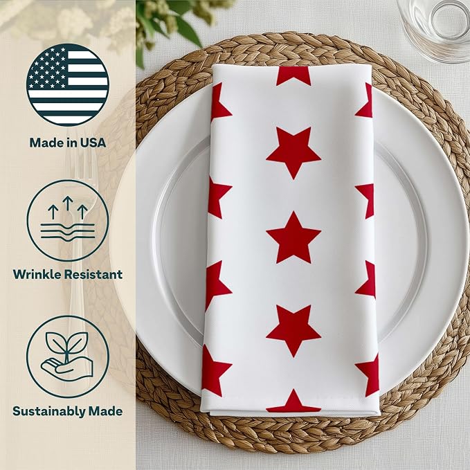 Red Stars Cloth Napkins | 4th of July Table Decorations | Memorial Day, Independence Day Table Decorations | Absorbent, Washable, Reusable, Stain & Wrinkle Resistant | Made in America - 4pack - Image 3