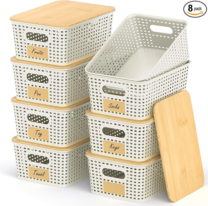 Stackable Storage Baskets: 8 Pack Plastic Baskets Bins, White | Decorative Baskets for Organizing, Pantry Decorative Containers for Closets, Cabinets, Shelves by Uvellgift