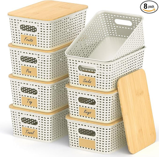 Stackable Storage Baskets: 8 Pack Plastic Baskets Bins, White | Decorative Baskets for Organizing, Pantry Decorative Containers for Closets, Cabinets, Shelves by Uvellgift
