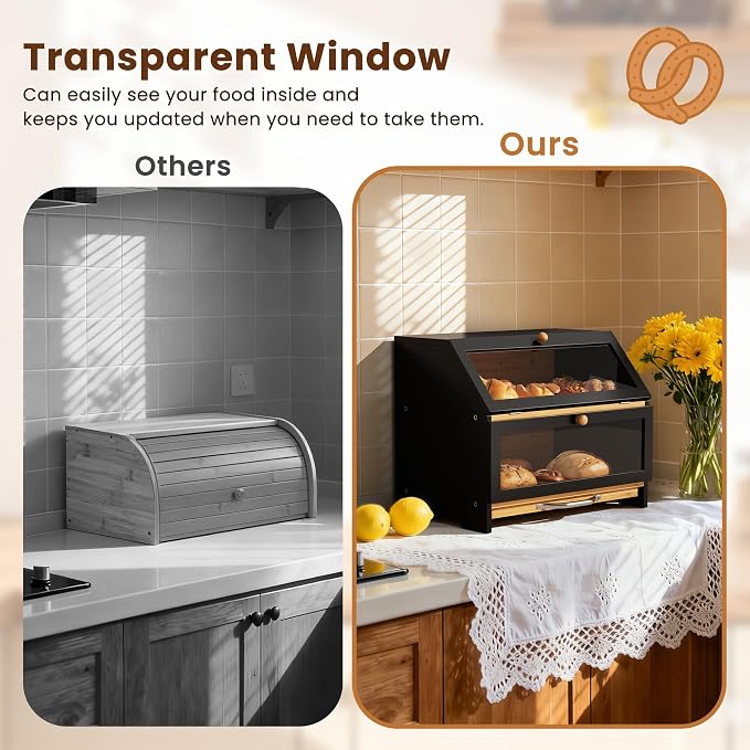 MAISONPEX Double Layer Bamboo Bread Box for Kitchen Countertop, Large Capacity, Cutting Board, Stainless Steel Bread Knife, Double Layer Storage Container with Clear Windows, Black - Image 6